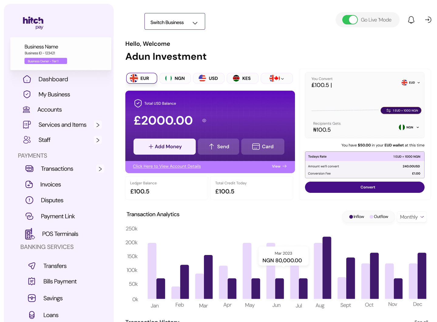 HitchPay business dashboard showing multi-currency balances, live FX conversion and transaction analytics.