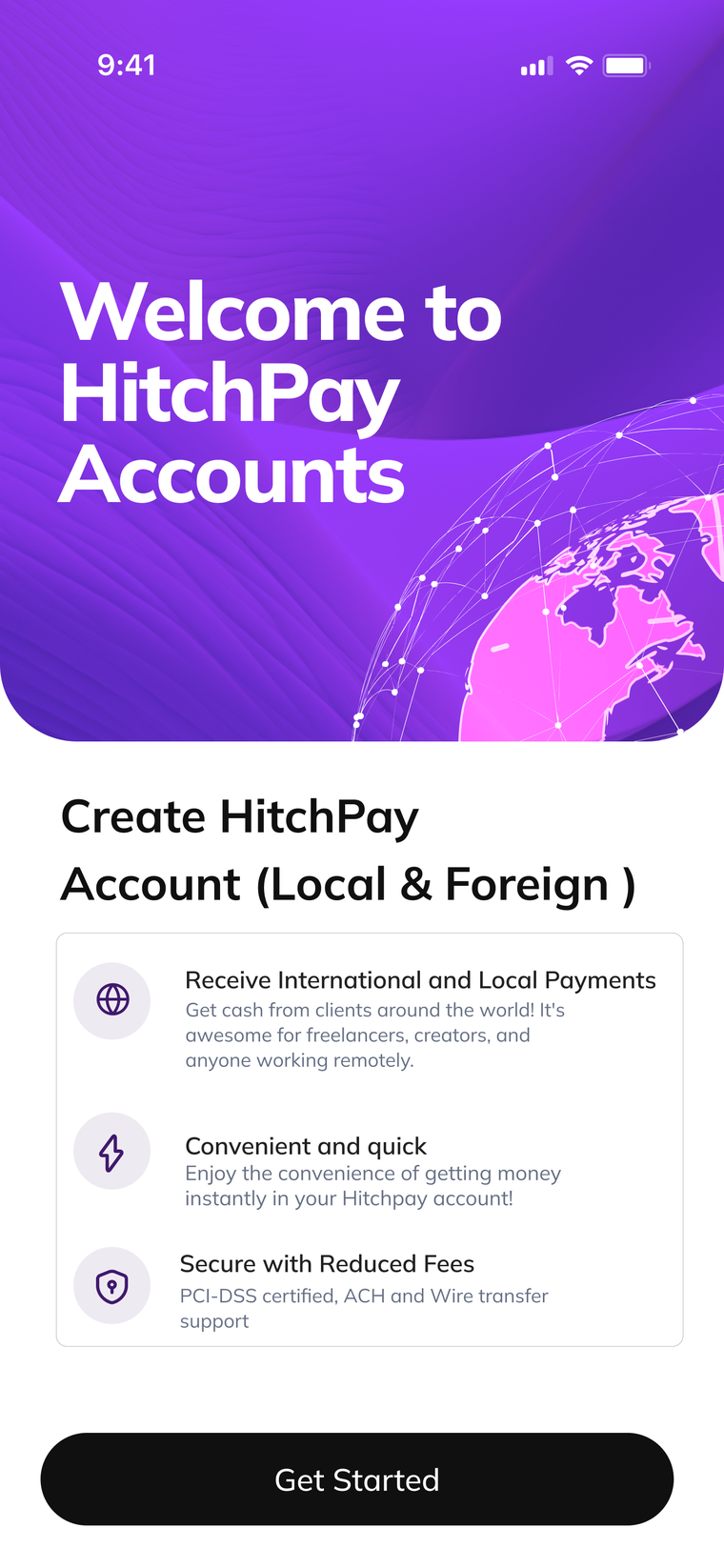 The HitchPay personal app, showing account setup for local and foreign accounts.